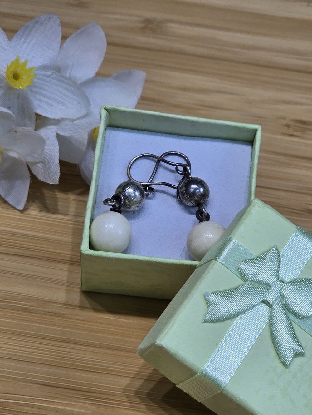 Sterling Silver White Bone Bead Drop Earrings